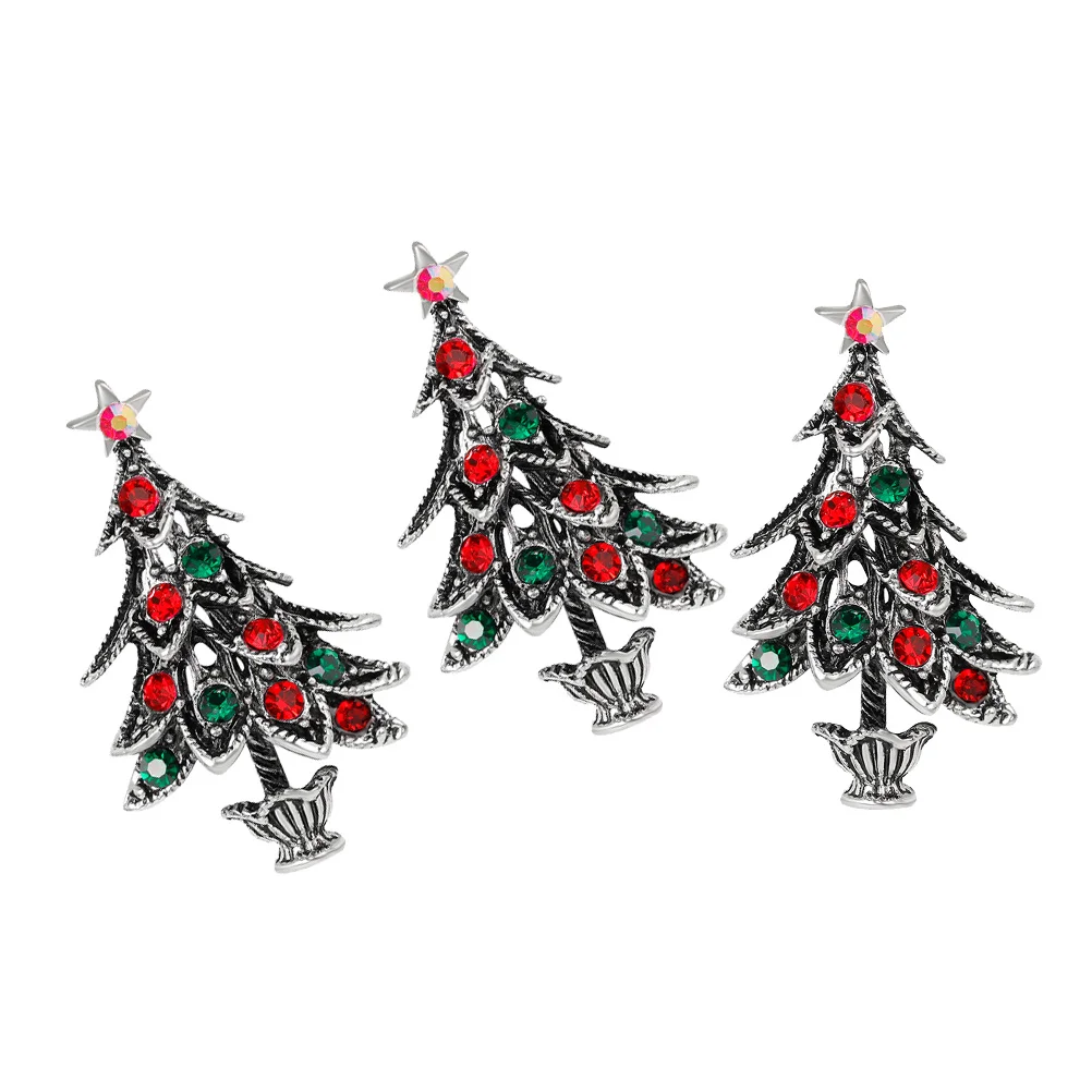 

3pcs Christmas Tree Brooch Silver Alloy Rhinestone Pin Cute Holiday Accessory For Women Party Wear Jewelry Xmas Decor