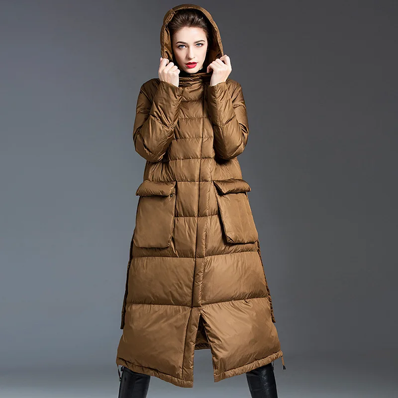 Luxury High Quality Hooded Down Jacket Women Warm Winter Over The Knee 90% White Duck Down Thicken Puffer Jacket Trench Coat