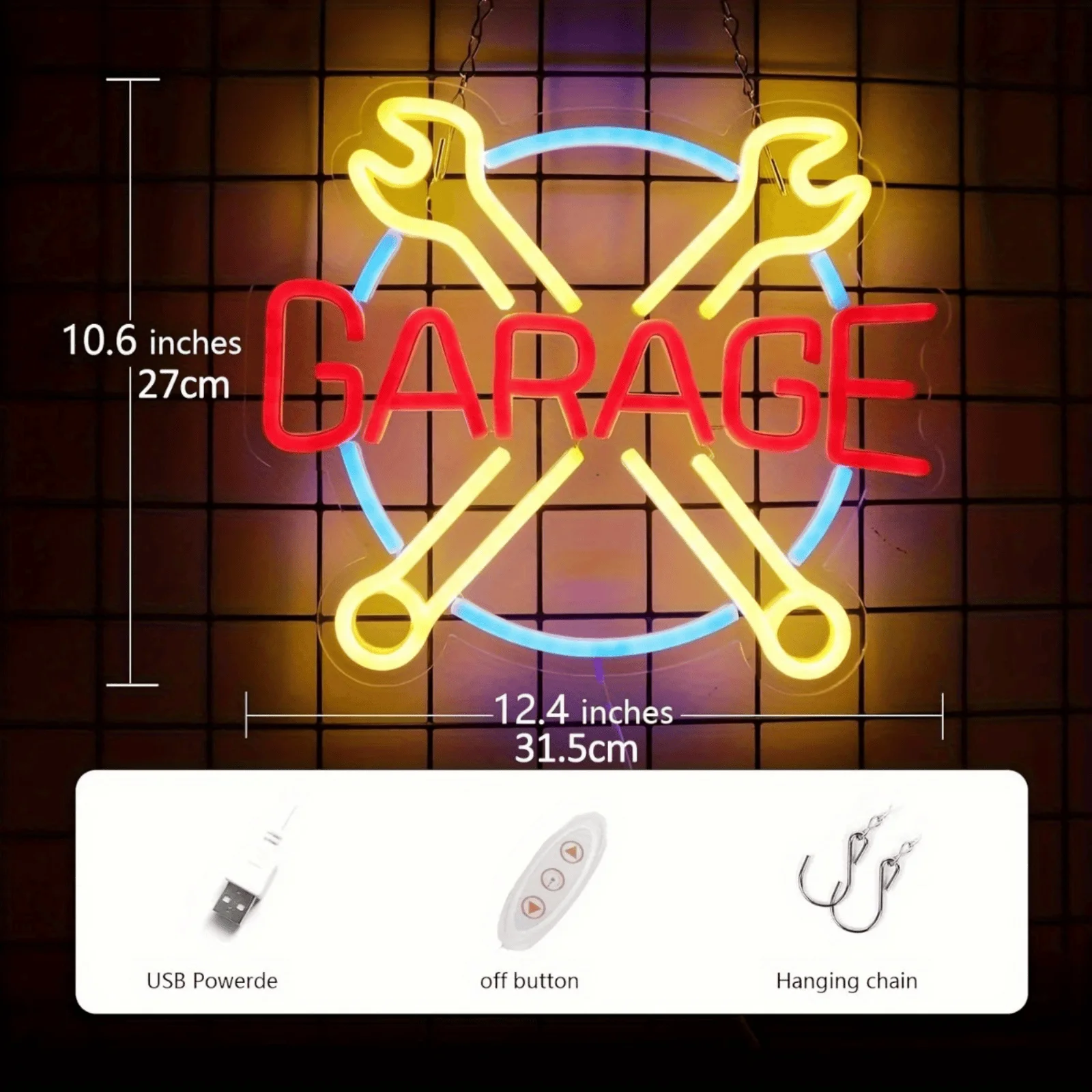 GARAGE Wrench Cross LED Neon Sign Multicolor USB Powered Wall Light for Garage Workshop Auto Repair Shop Man Cave Mechanic Aesthetic Decor Lamp