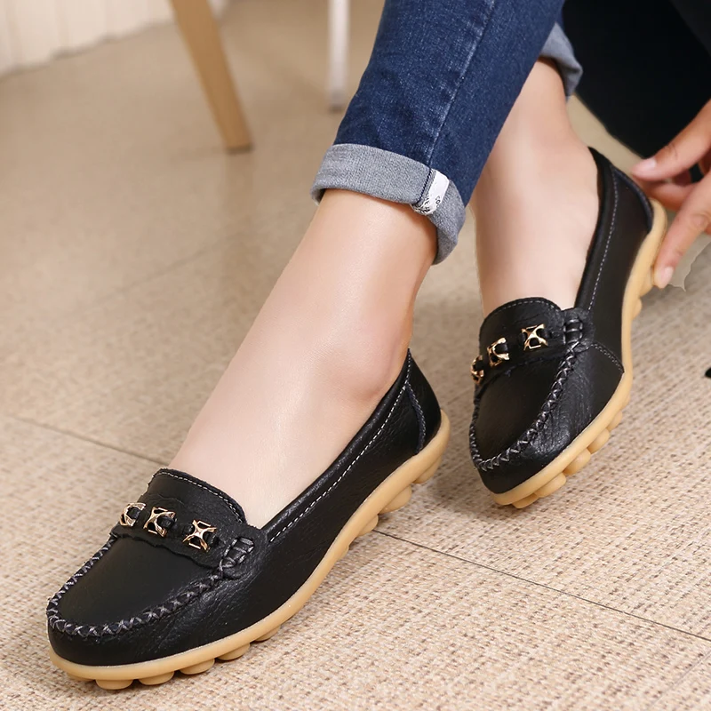 Spring Autumn Genuine Leather Flats Shoes Woman Slip On Casual Walking Shoes Women Breathable Moccasins Women Plus Size Shoes