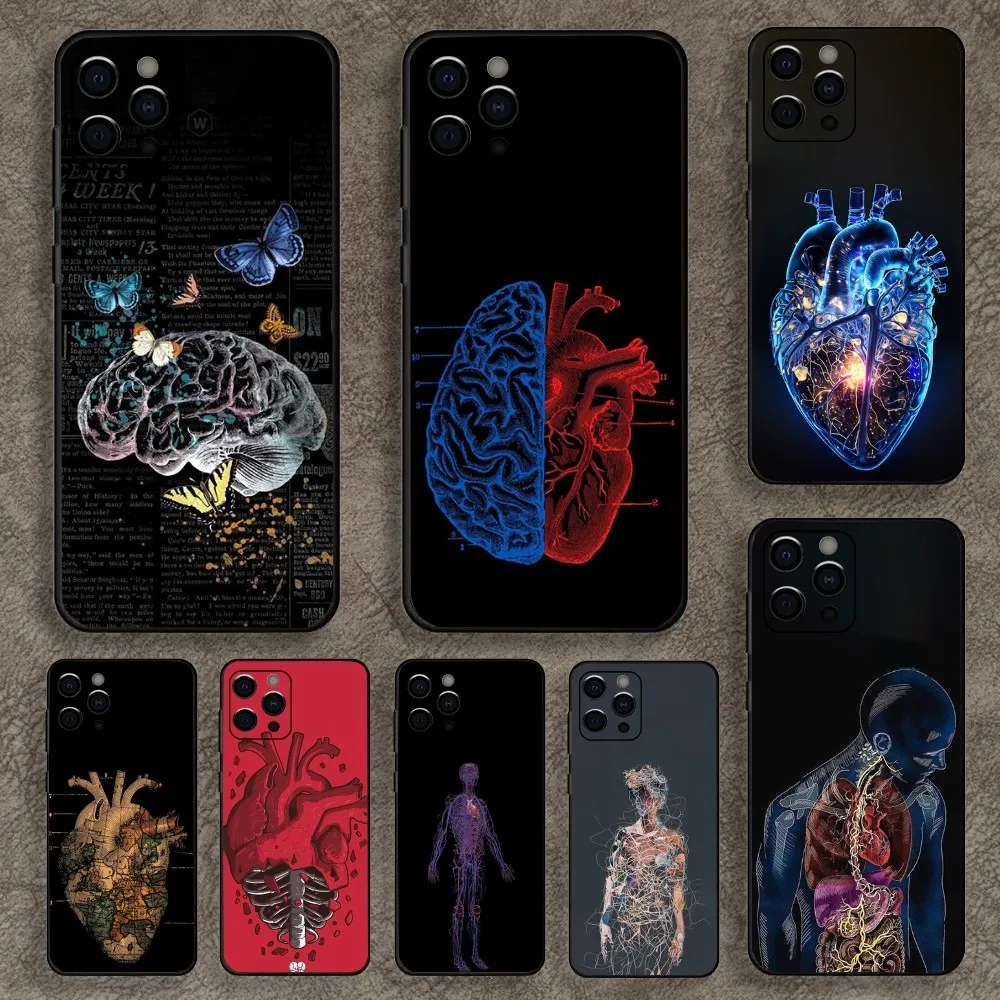 Heart Anatomy Skull Bones Phone Case For Apple iPhone 15,14,13,12,11,Pro,X,XS,Max,XR,Plus,Mini Soft Black Cover