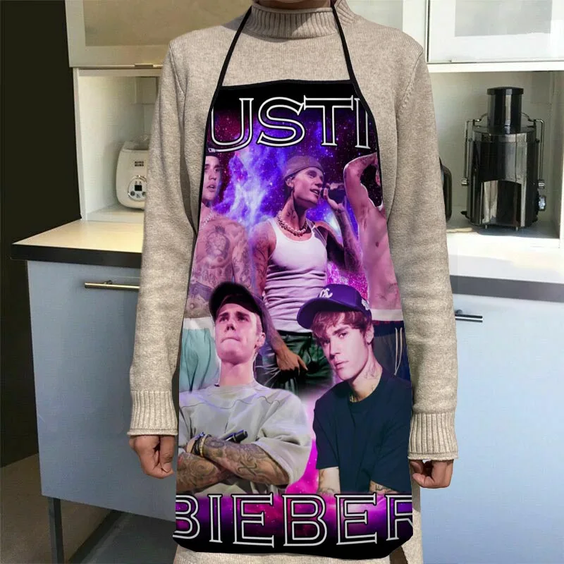 Custom Justin Bieber Apron Dinner Party Cooking Apron Adult Baking Accessories Waterproof Fabric Printed Cleaning Tools 1014