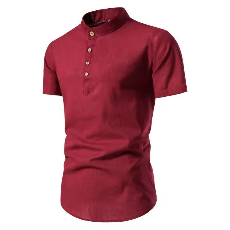 Men\'s casual short-sleeved stand-up collar vintage solid color shirt