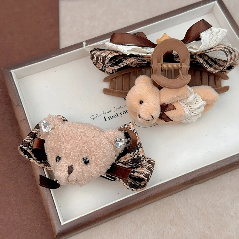 الحلو الفتيات متقلب Bowknot النسيج الفن دبابيس الشعر لطيف الكرتون الدب مشبك شعر كليب ريترو ستايل الشعر الديكور للمرأة