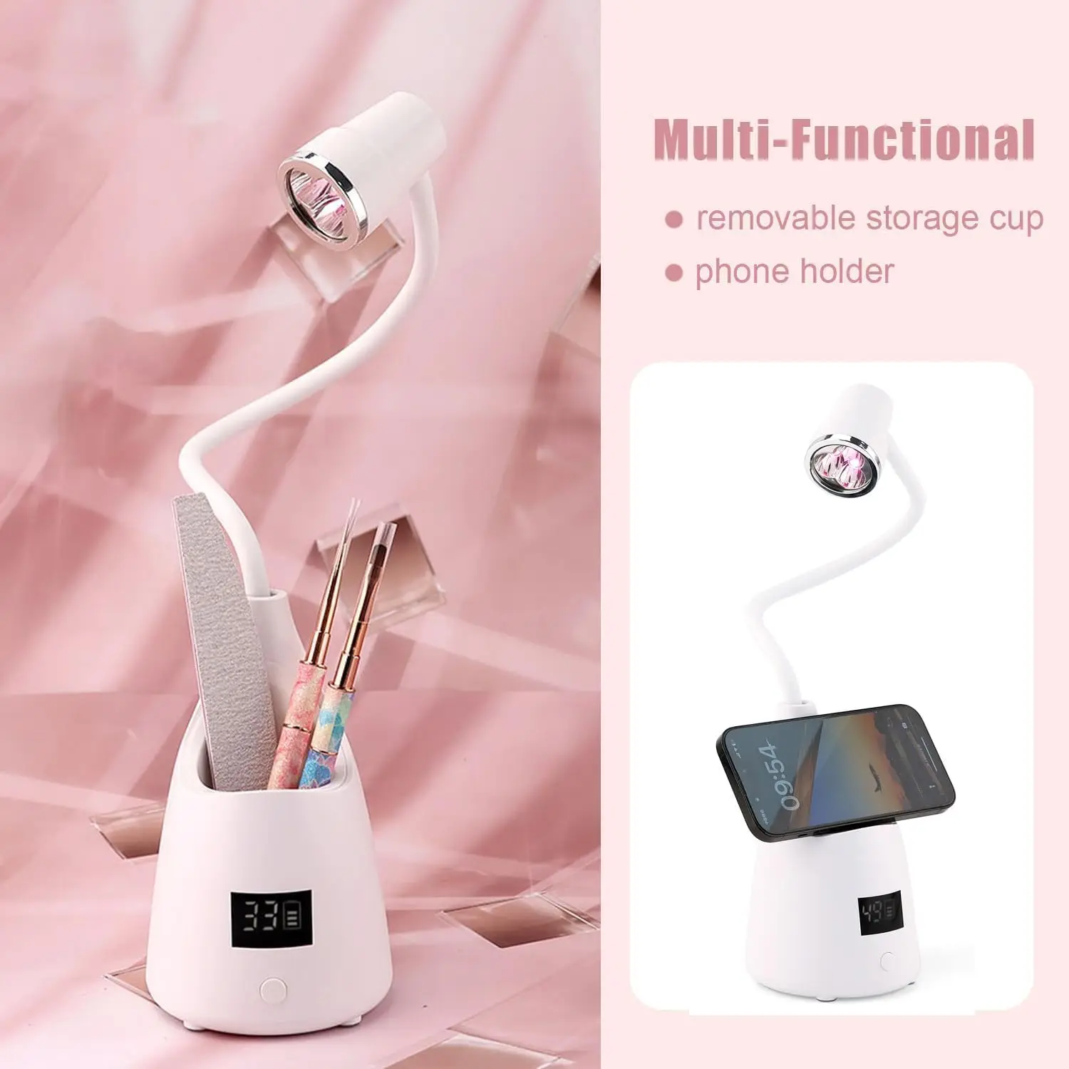 مصباح أظافر جل يعمل باللمس، ضوء LED بالأشعة فوق البنفسجية قابل لإعادة الشحن مع مؤقت، مجفف معقوفة، علاج سريع للاستخدام المنزلي والمحترف