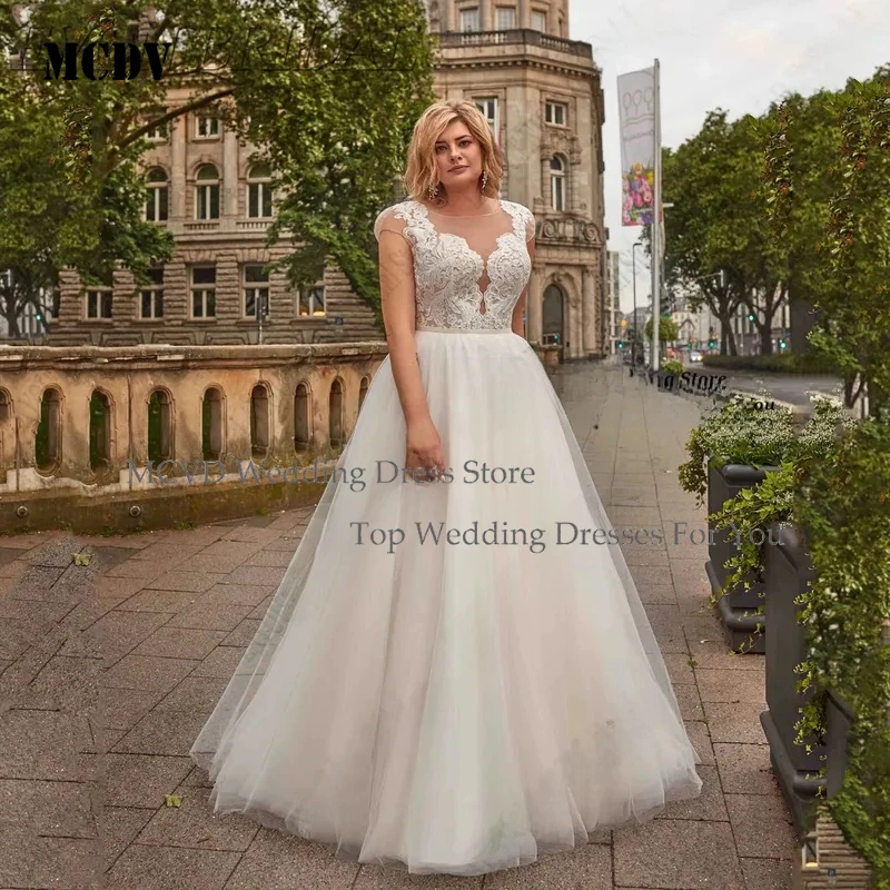 

MCDV Large Size Wedding Dresses for Women Elegant Cap Sleeves Scoop Neck Applique Bride Gown Customized EVON BRIDAL