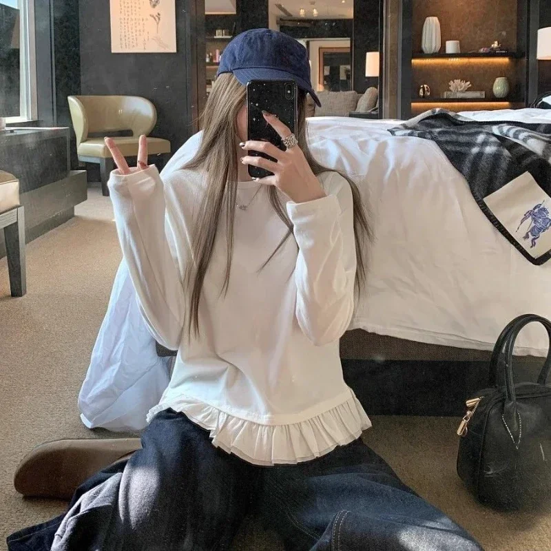 달콤한 플리츠 레이스 밑단 긴 소매 셔츠 여성 가을 겨울 한국 스타일 다용도 심플 화이트 이너웨어 탑 의류