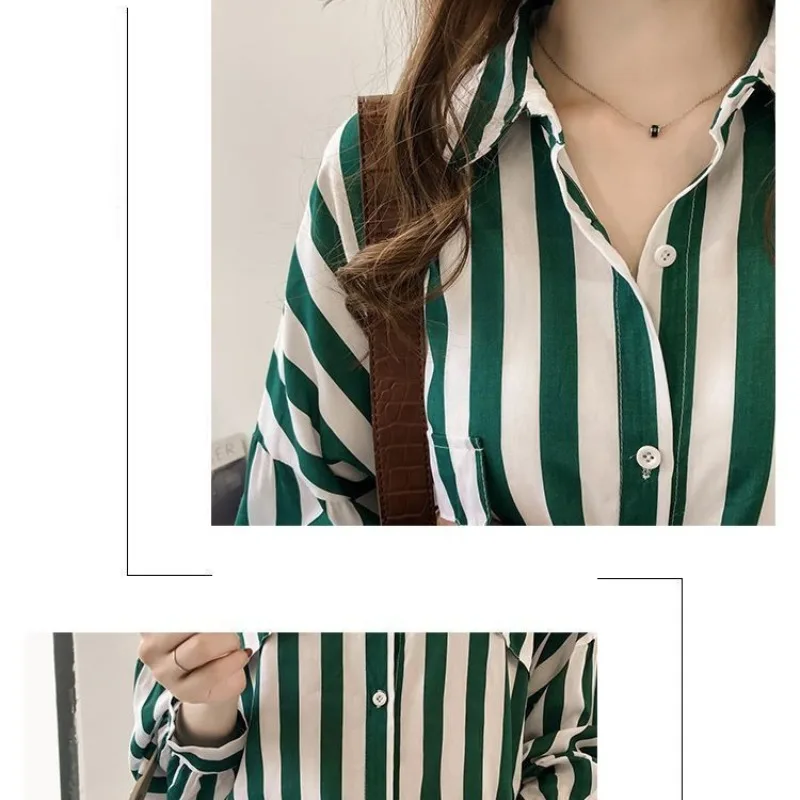 2024 Summer Women\'s New Spliced POLO Collar Button Stripe Pocket Lantern Sleeve Fashion Loose Casual Long Sleeve Blouses Shirts