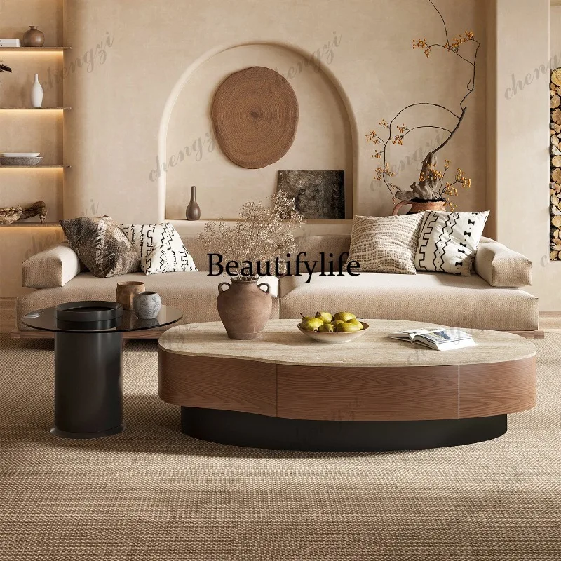 A73 Italian wood grain special-shaped coffee table living room middle ancient oval solid wood storage coffee table combination