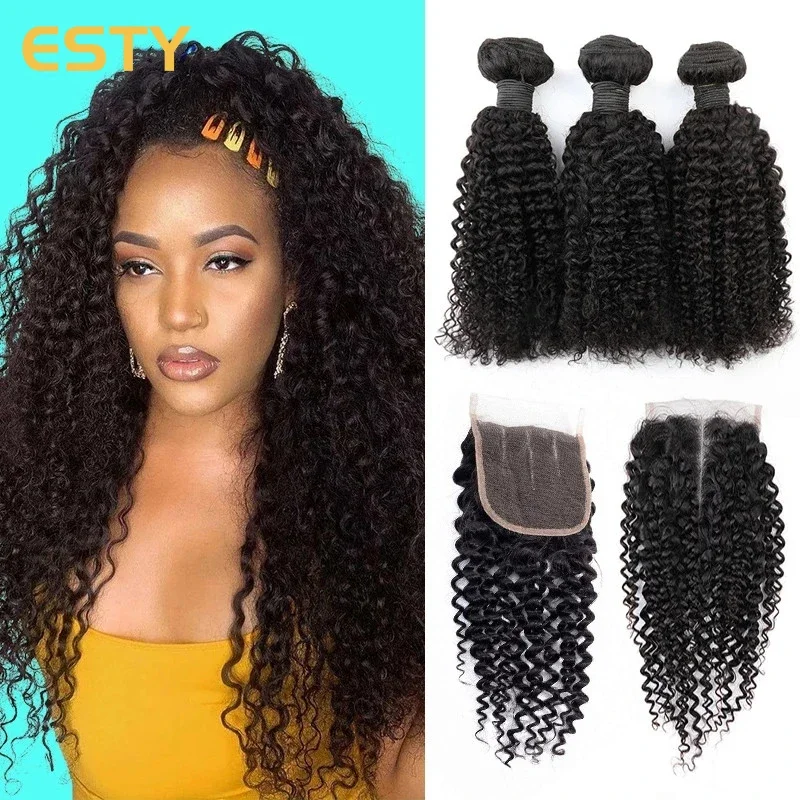 

Brazilian Baby Curly Bundles with Closure Weave Hair 3Bundles Lace Front Human Hair Closure Bundles with Closure Natural Color