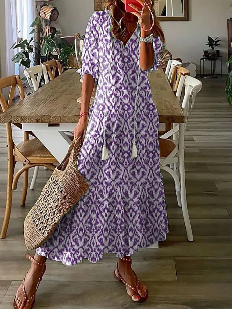 Abito da donna Vintage con stampa bohémien moda estiva scollo a V maniche corte abiti lunghi abiti da spiaggia per le vacanze Casual femminili Vestidos