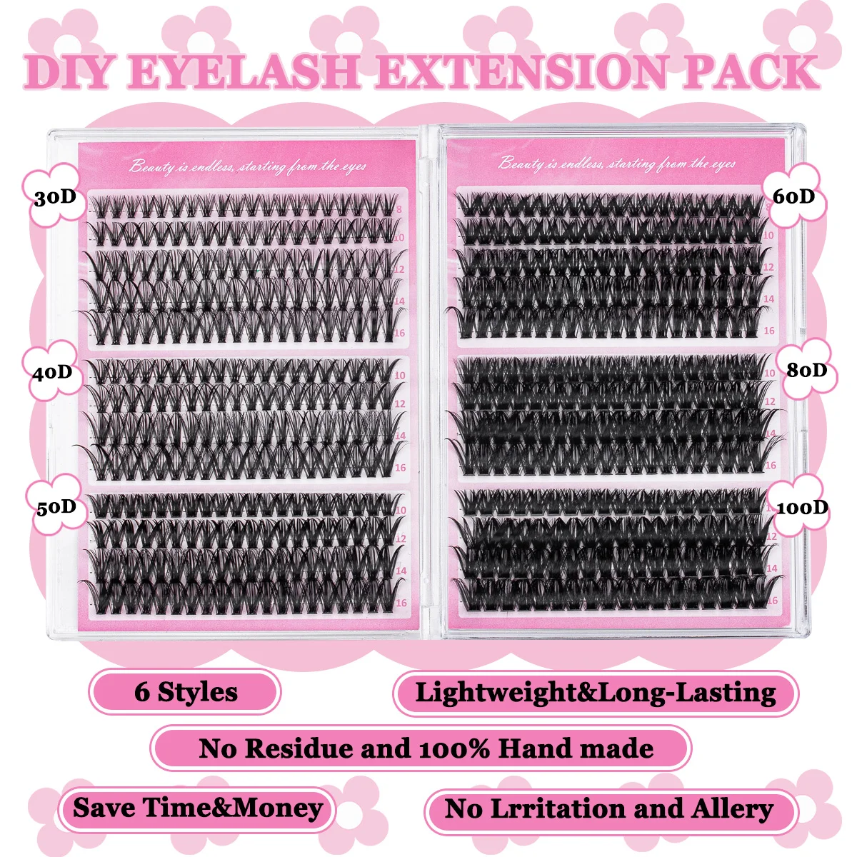 DIY 클러스터 속눈썹 30-100D 개별 속눈썹 부드러운 천연 속눈썹 본드 및 씰 속눈썹 핀셋이있는 대용량