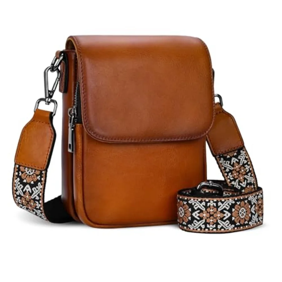 

Leather Small Crossbody Bags for Women: RFID Blocking, Anti-Theft Travel Bag in Brown with Wide Straps and Slim Cell Phone Purs