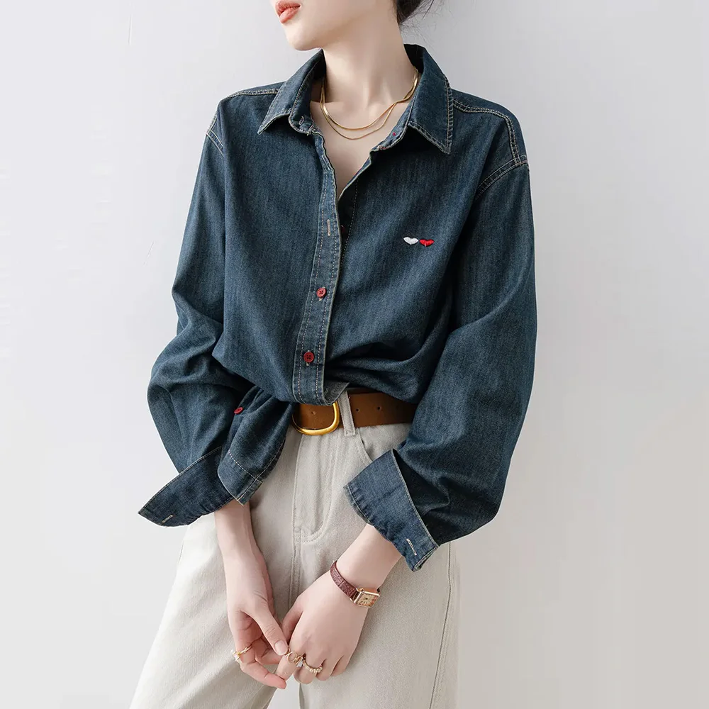 New Women Simplicity Vintage Denim Shirt Spring Autumn Fashion Turn-down Collar Long Sleeve Loose Casual Daily Jeans Shirt