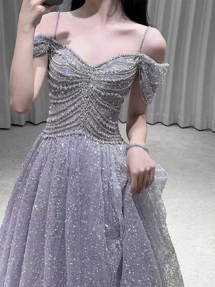 Robe de Soirée Trapèze Brillante Personnalisée à Paillettes, Bretelles Spaghetti, Tenue de Bal et d'Anniversaire, pour Occasions Formelles