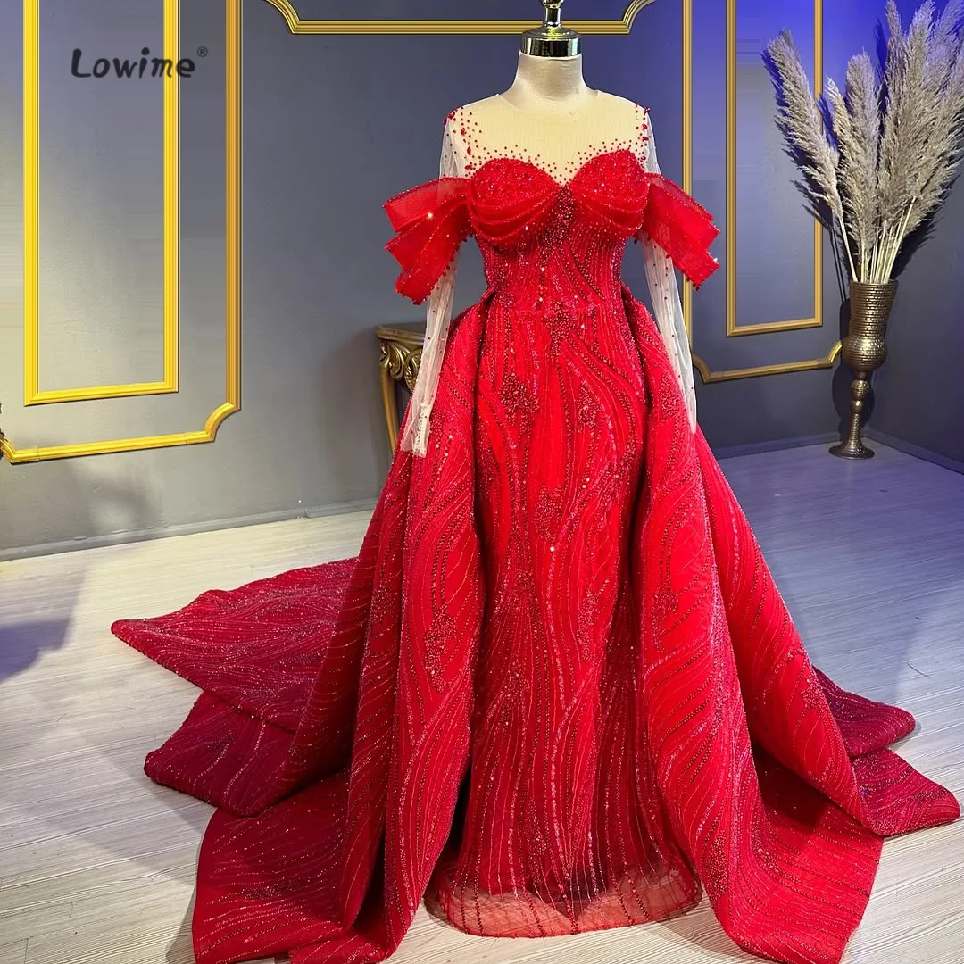 Red White Contrast Mermaid Dress False One-Shoulder Long Sleeves Crystal Evening Dress Round Neck Removable Train gala dresses