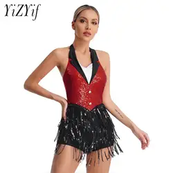 Women Jazz Latin Dance Performance Costume Sparkly Sequins Jumpsuits Halter Backless Tassel Leotard Sleeveless for Dance Wear