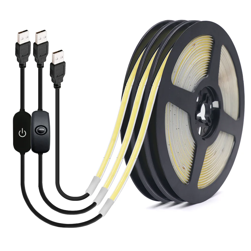 5V COB LED Strip Light with Switch 320Leds/m Dimmable FOB COB LED Tape Lights RA 90 5mm Width Flexible Ribbon Diode USB Powered