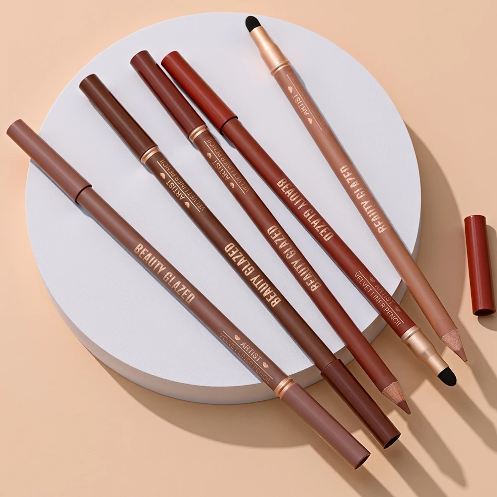 1 szt. Beauty Glazed Artist Velvet Lipliner Pencil z pędzelkiem z gąbki, bezwaga, precyzyjna kredka z super miękką, mieszalną teksturą