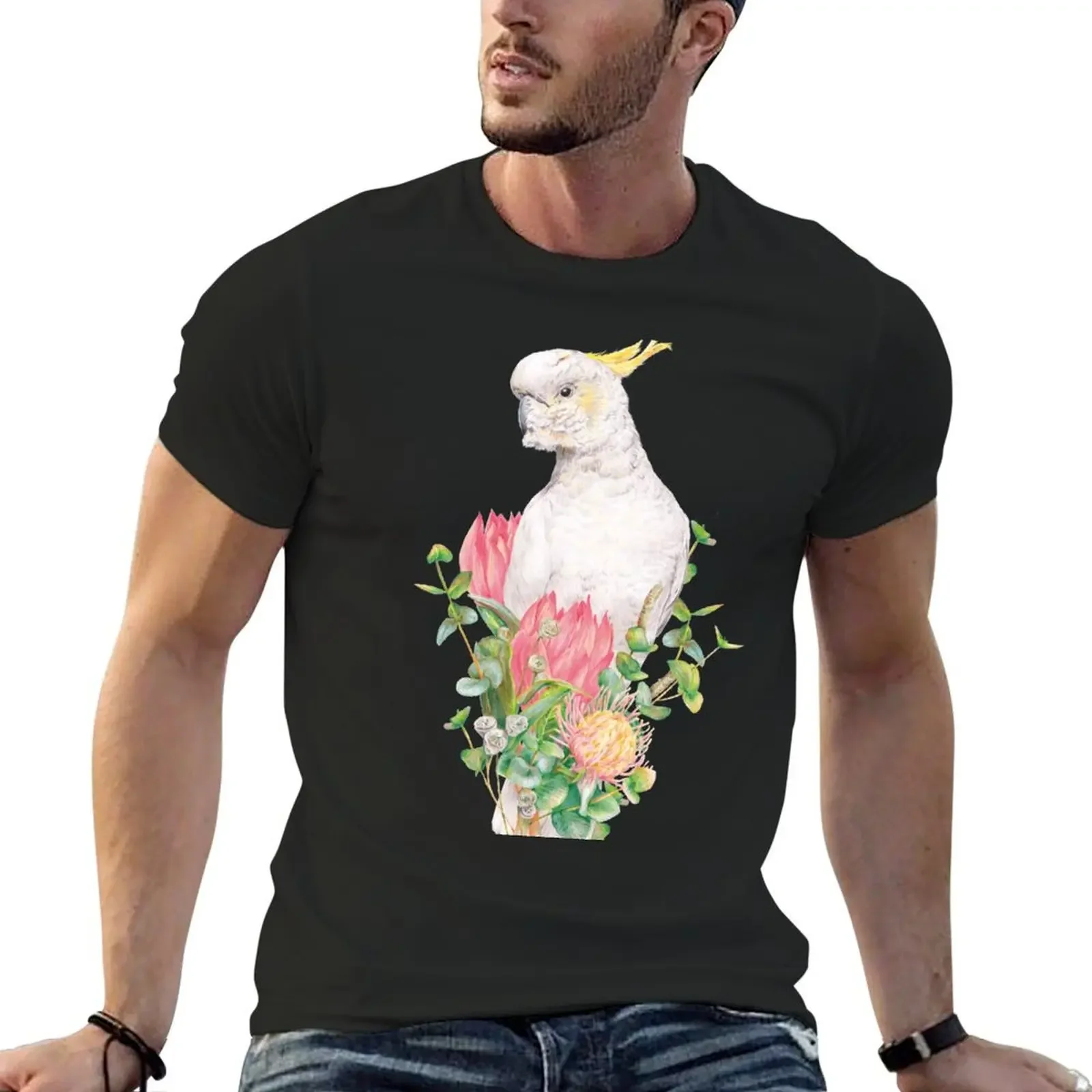 

Australian Sulphur-Crested Cockatoo || Floral Bird T-Shirt oversized vintage mens big and tall t shirts