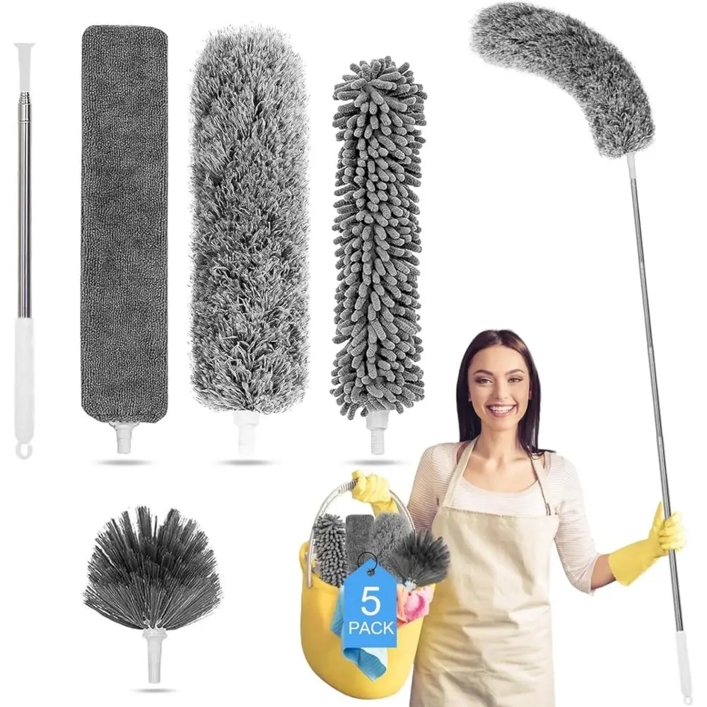5-in-1 Multi-Purpose Duster Kit with 100 Extension Pole for Ceilings, Cobwebs, Blinds, Cars, and Furniture