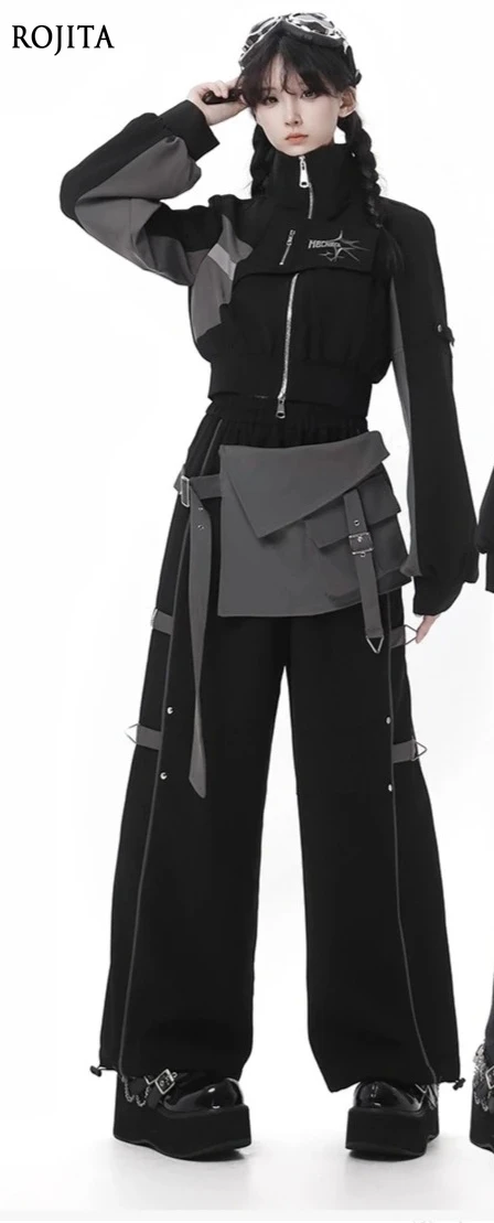 

Workwear Pants Set Cool Design Black Gray Color Block Draped Wrinkle-Resistant Autumn New Loose Jacket Subculture Long Pants Set