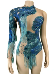 Sparkly Rhinestone Women Bodysuits Blue Single Shoulder Tassel Leotard Party Costume Nightclub Valentine Day Drag Queen Outfit