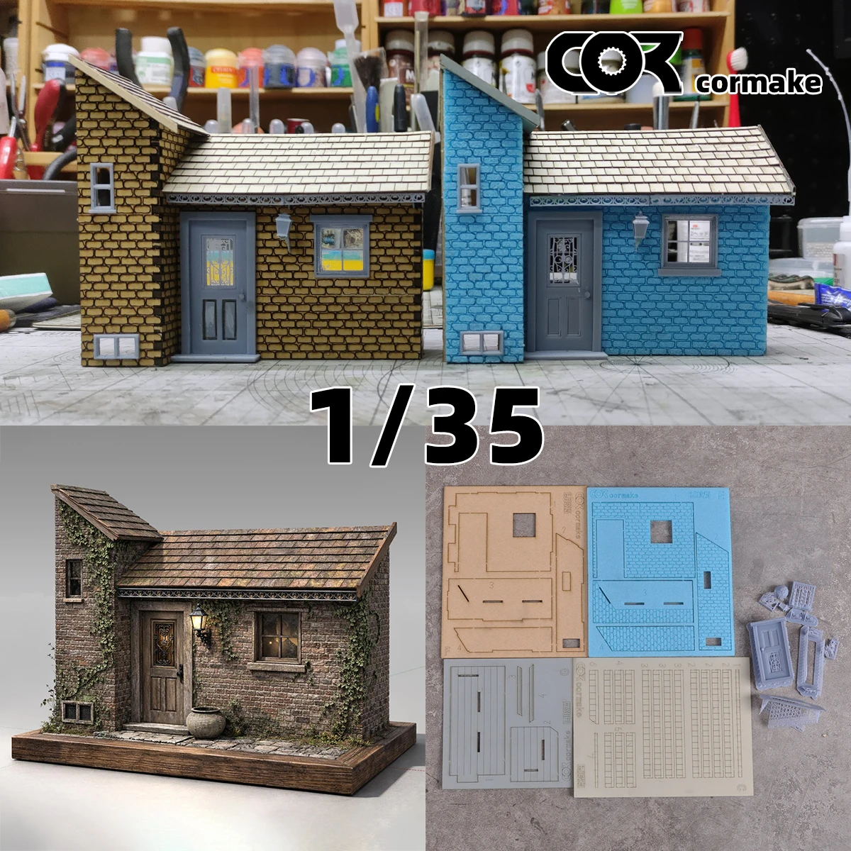 Architekturmodell-Bausatz: Einfamilienhaus, Bungalow, Ländliches Wohnhaus, Miniatur-Diorama, Maßstabsmodell 1/35
