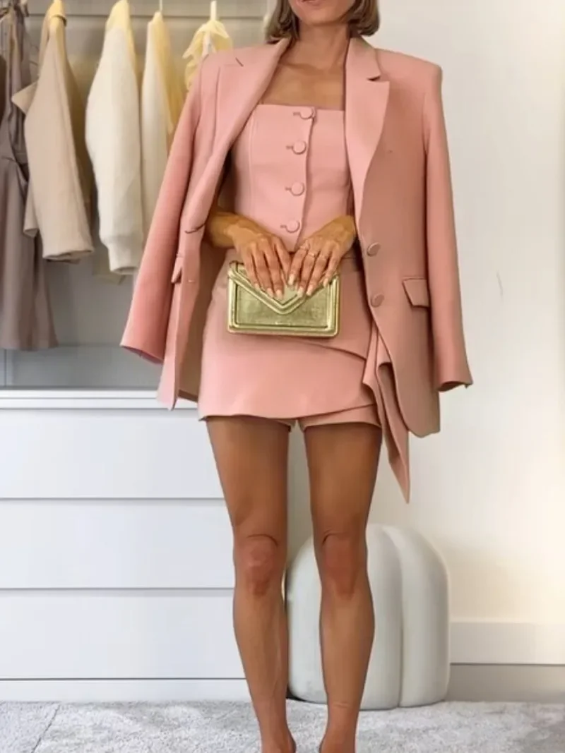 

Elegant Blazer Coats Vests Skirts 3 Pieces Sets Women Solid Long Sleeve Coat Pleated Mini Skirts 2024 Autumn Summer Outfit