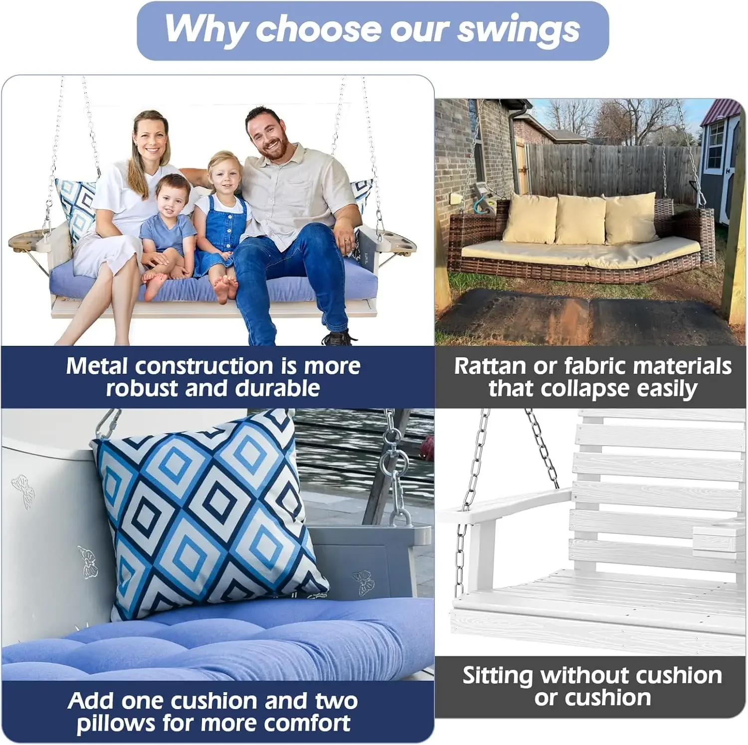 [وصول جديد! ] أرجوحة شرفة معدنية ذات 3 مقاعد 900 رطل، مقعد معلق عالي التحمل مع صينية مطورة ووسائد مقاومة للصدأ