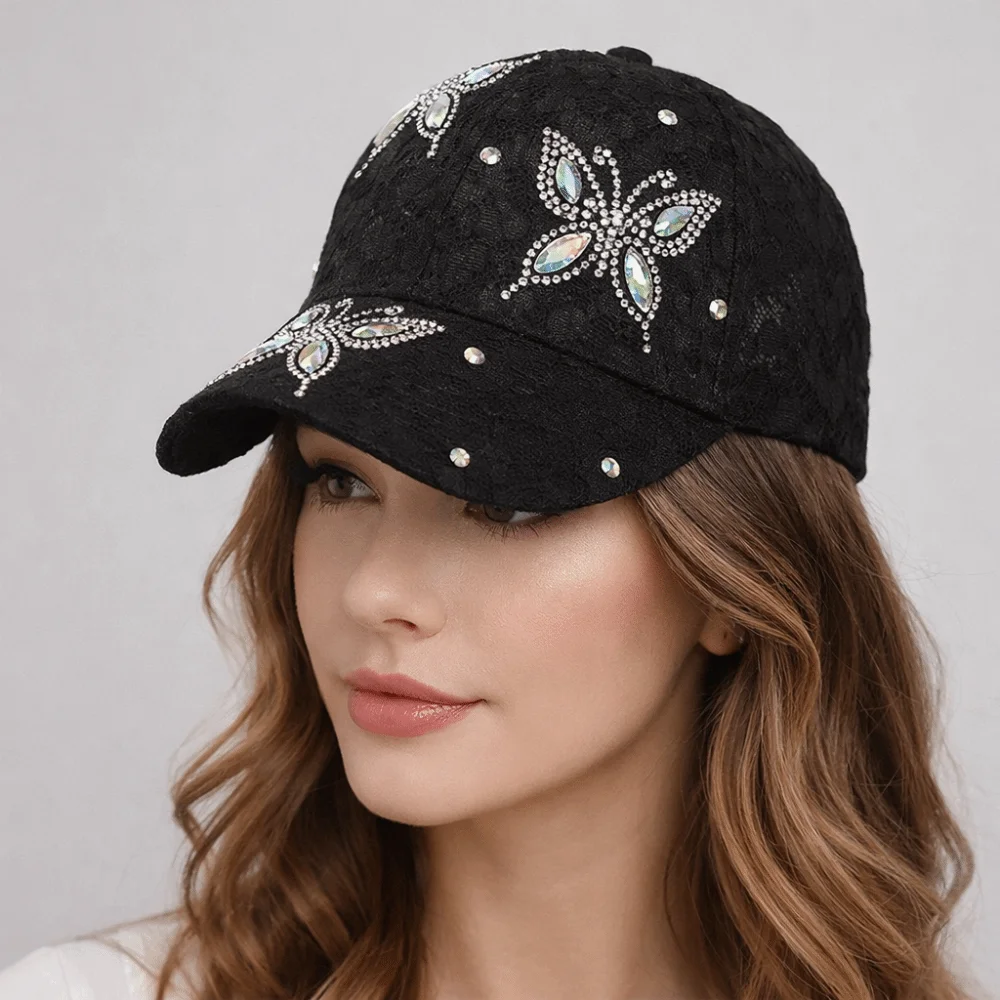 

Fashion Butterfly Flower Baseball Cap Rhinestone Lace Visors Cap Korean Style Adjustable Mesh Peaked Hat Women