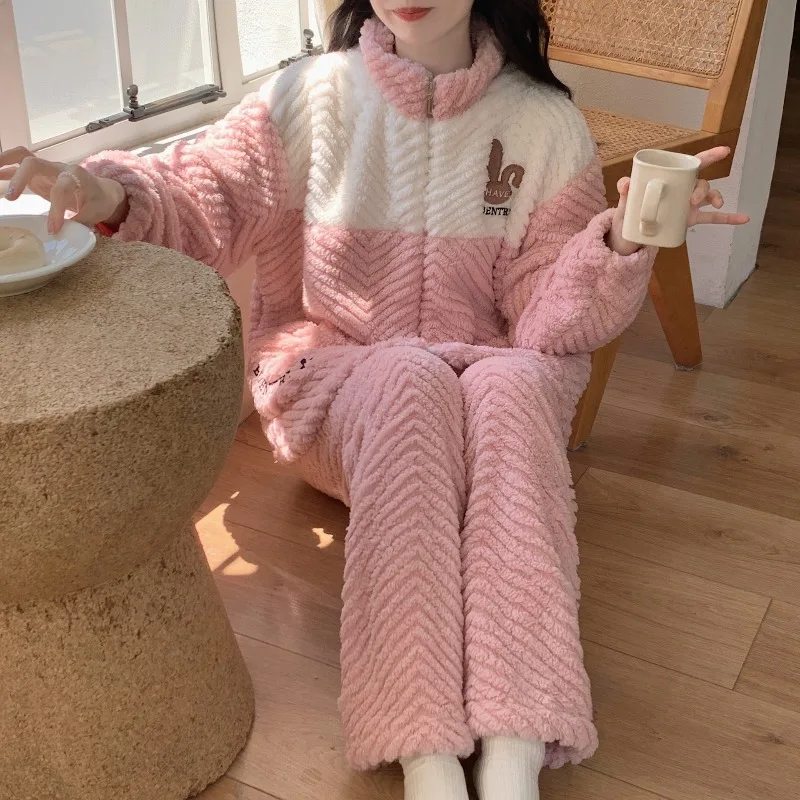 

Фланелевой спортивный пижамный комплект, женский зимний комплект с воротником-стойкой на молнии, утолщенная домашняя одежда из кораллового флиса, корейская одежда для сна, плюшевые наряды