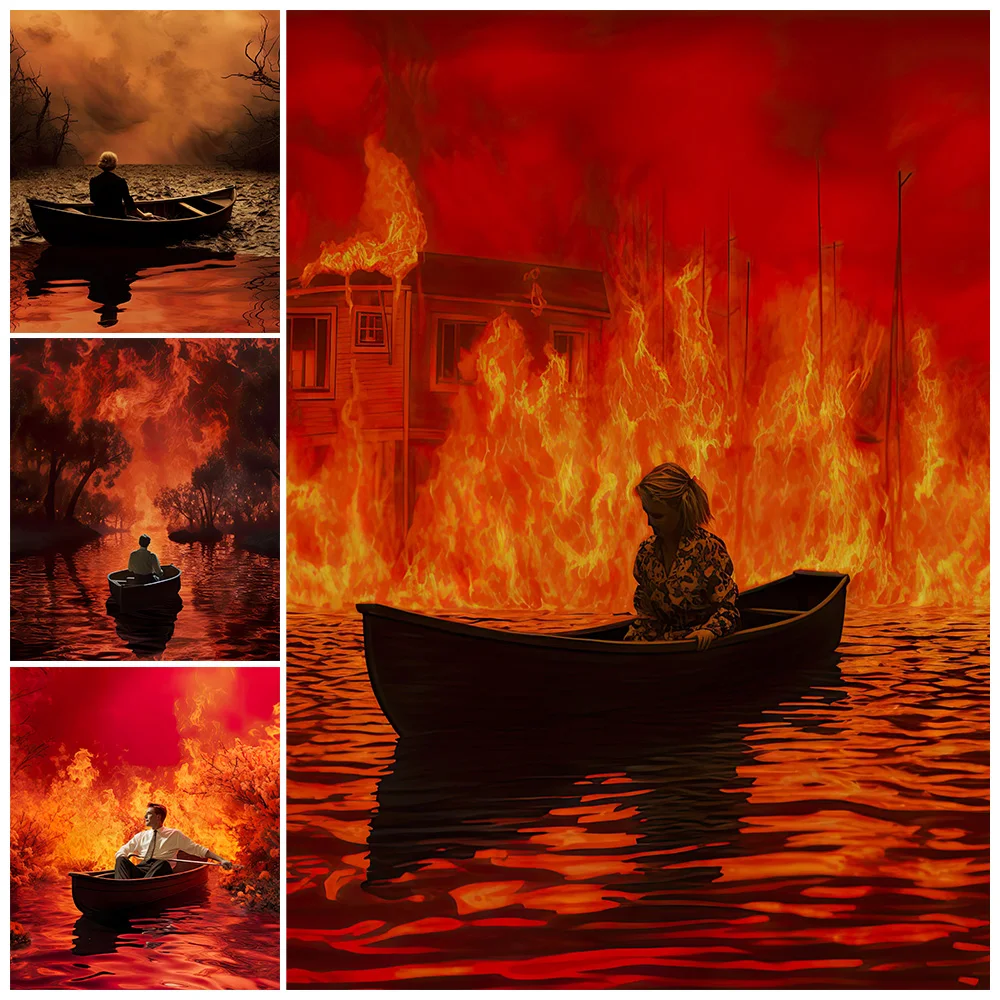 

Boat To Hell Abstract Wall Art Canvas Painting Ship Surrounded By Flames Horror Gothic Art Poster Print Home Decoration Unframed
