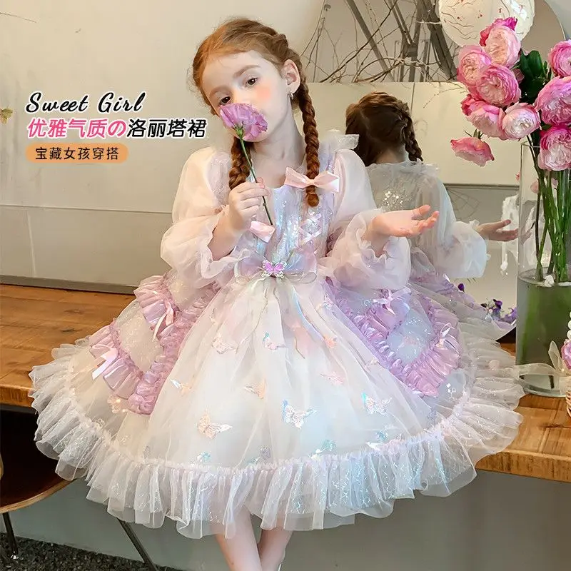 Baby Girl Autumn Spring Pink Vintage Lolita Layed Lace Princess Ball Gown Dress for Birthday Holiday Party Eid Child Clothing