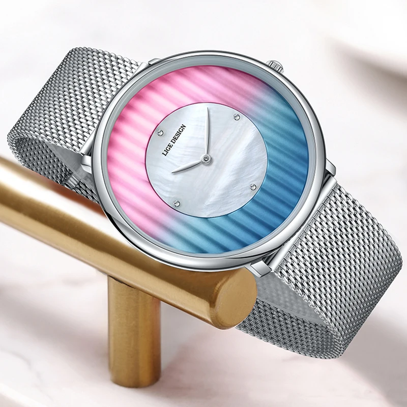 LIGE Elegant Ladies Watch Gradient Shell Dial Diamond Markers Stainless Steel Mesh Waterproof Minimalist Fashion Wristwatch