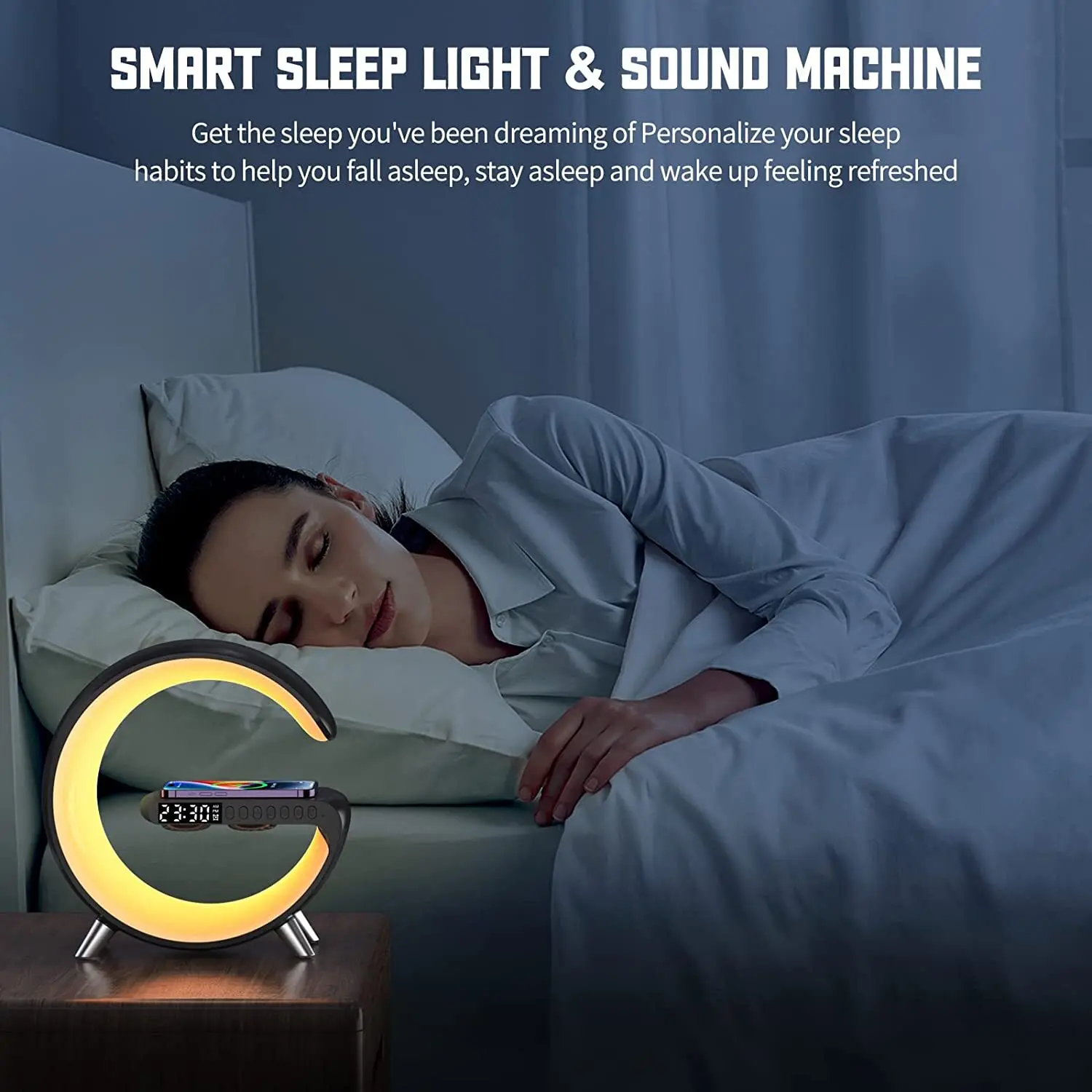 Hot Sell Atmosphere LED Night BT Speaker Music Alarm Clock Smart Light With 15W Wireless Charger G Shape Lamp