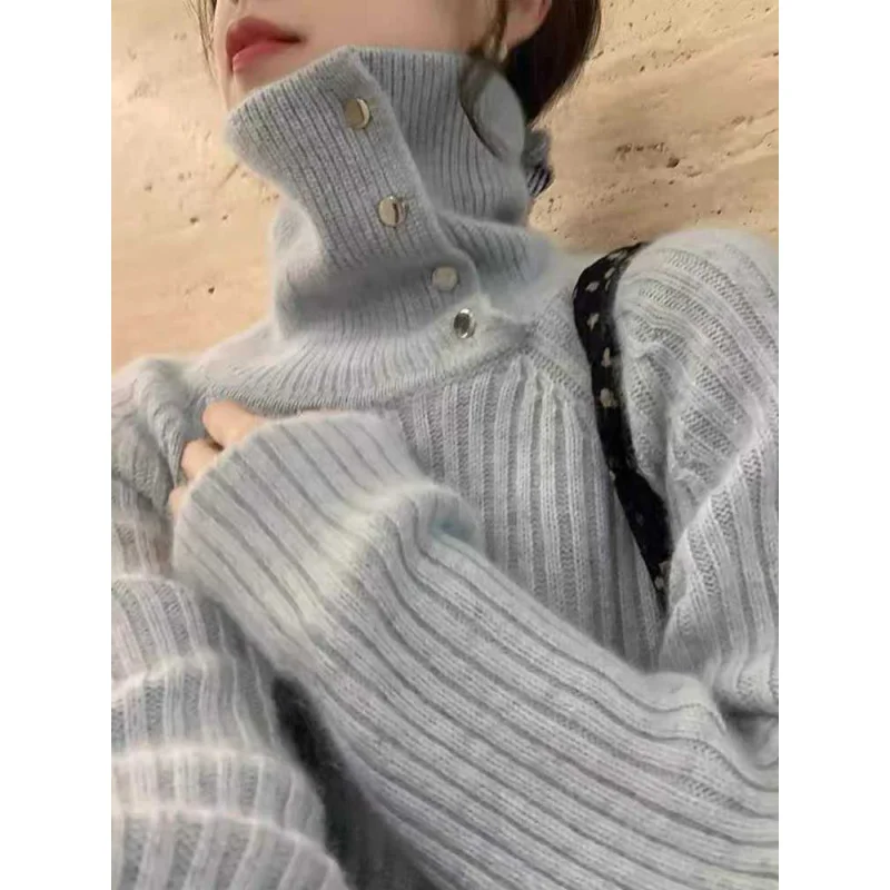 

Blue Turn-Down Collar Pullover Sweater Women Winter New Thickened Base Layer Turtleneck Knitted Sweater Lazy Top