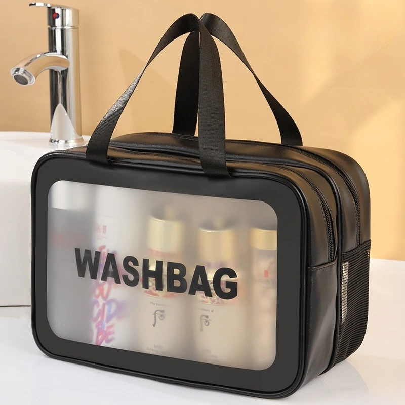 Large capacity transparent dry wet separation double-layer wash bag frosted PU travel portable handheld bath storage bag GF32
