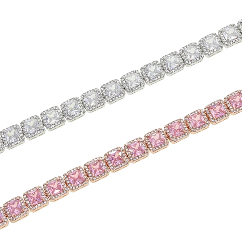 Hip Hop 5A+ CZ Stone Bling Iced Out Pink Zircon Tennis Link Chain Bracelet for Men Women Unisex Rapper Jewelry