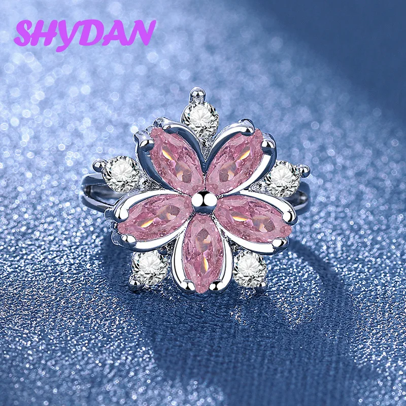 SHYDAN 925 Sterling Silver Plum blossom Pink Zircon Open Adjustable Rings For Women Girls Fashion Jewelry