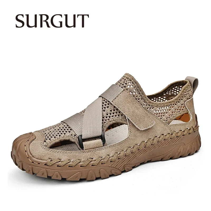 SURGUT Summer Men\'s Shoes 2024 New Casual Mesh Sandals Outdoor Walking Anti-slip Beach Sports Shoes Platform Sandals Slipper Man