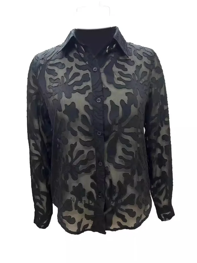 Mujer encaje ahuecado solapa irt Casual Sle largo Sve Flip Collar Top marca china Faion ropa Premium para mujer