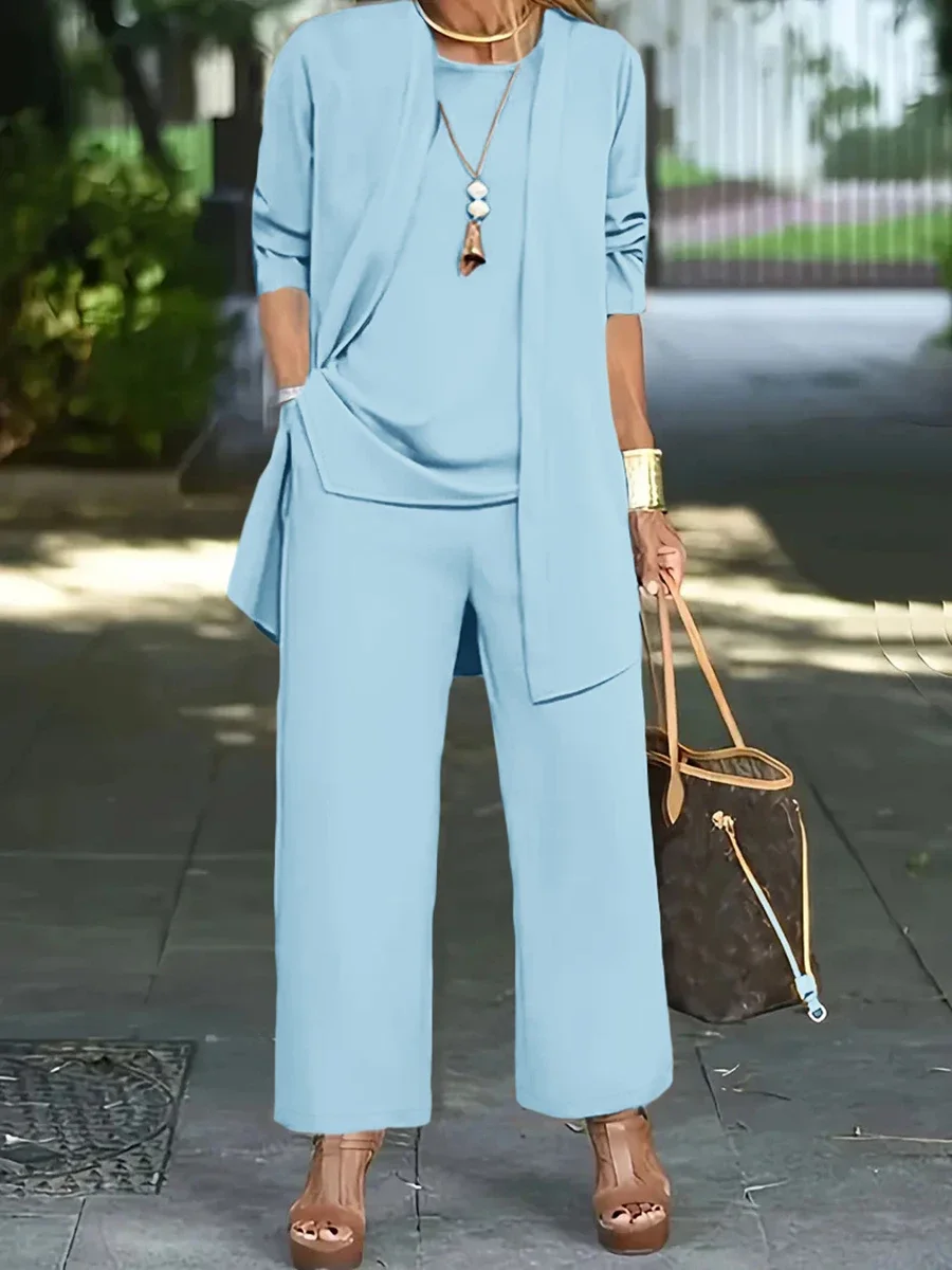 2026 Women 3 Piece Set Solid Long Sleeve Cardigan Top Wide Leg Pants Suit Elegant Office Lady Casual Autumn Fashion Wear view 4