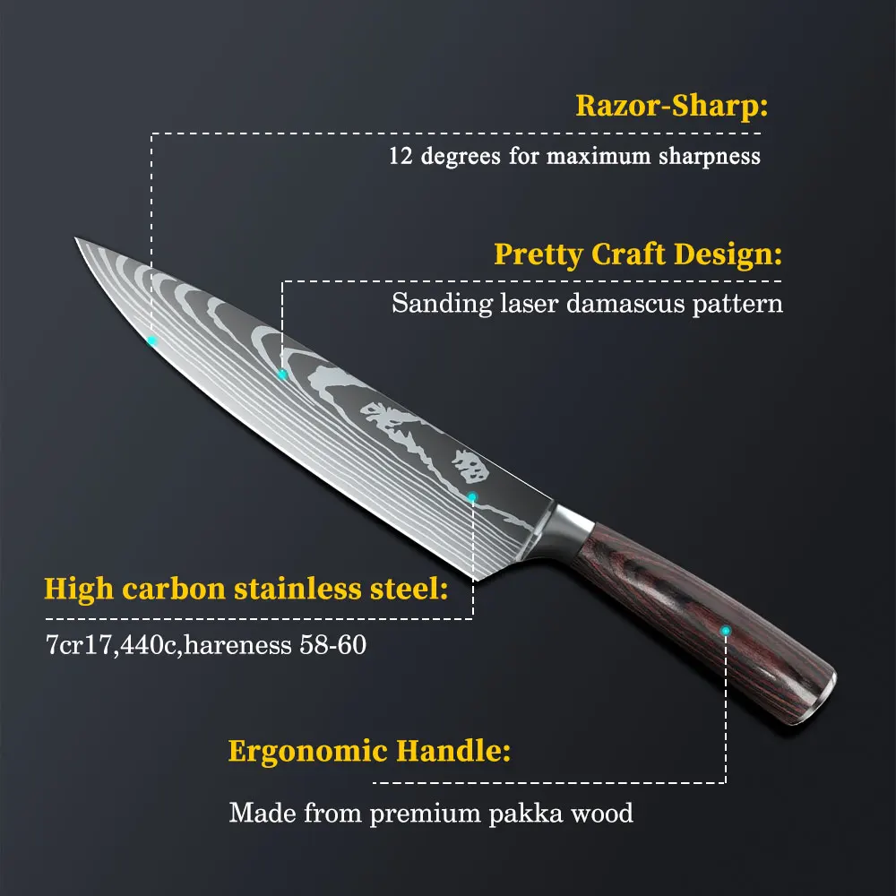 7CR17 Stainless Steel Kitchen Knife Sharp Butchers Knives Damascus Laser Pattern Chef Knife Cleaver Sharp Filleting Kitchen Tool