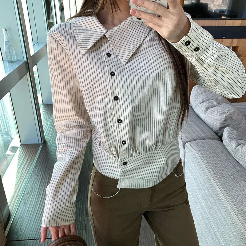 Autumn 2026 New Striped Waist-Tight Shirts Women Fashion Slim Fit Irregular Lapel Blouses Y2K Incline Single-Breasted Shirt Tops
