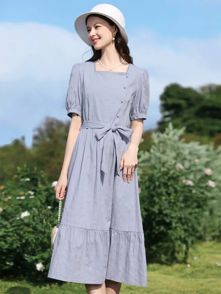 I BELIEVE YOU Dress For Women 2024 French Square Neck Puff Sleeve Cotton Summer New Elegant Lady Chic Beach Dresses 2241095643