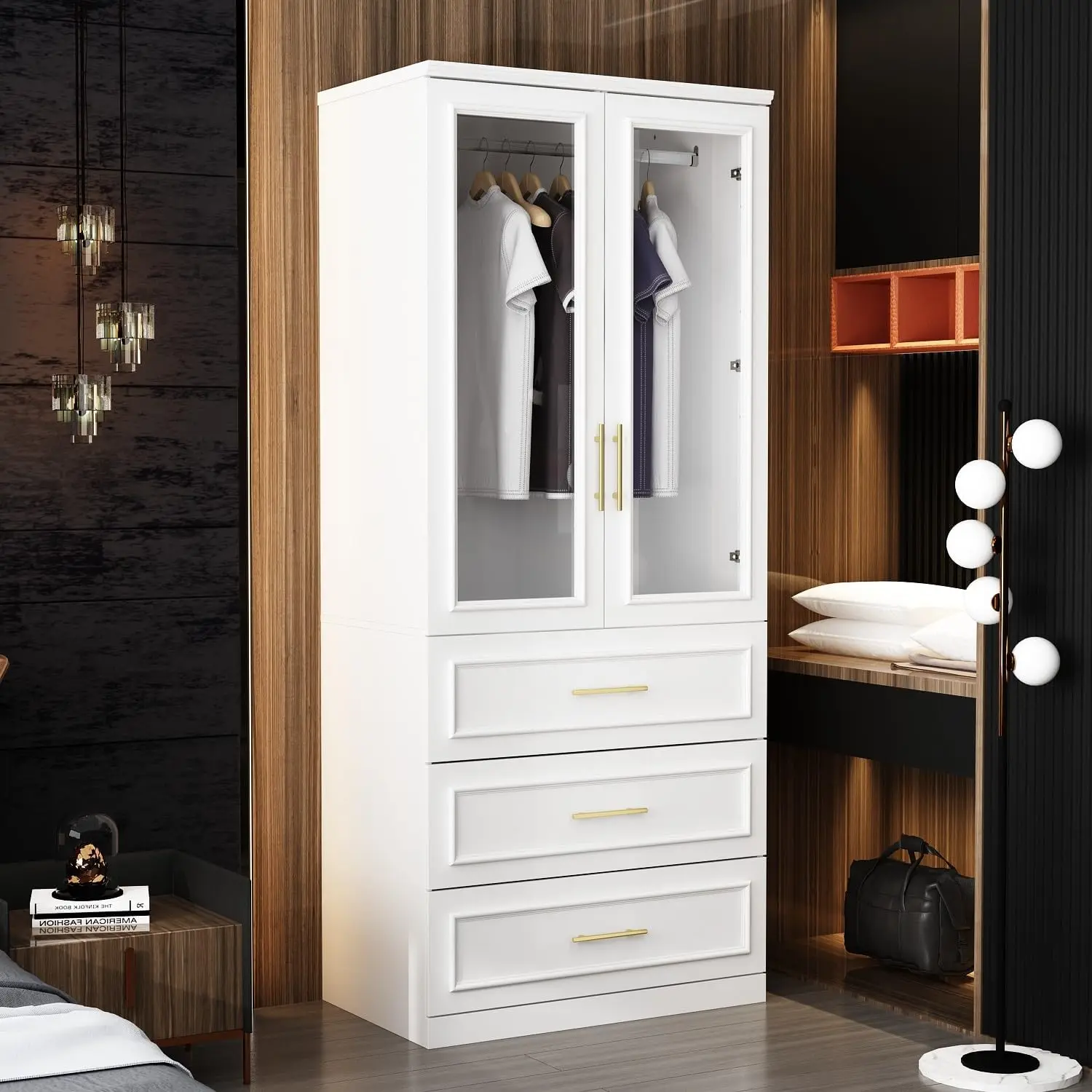 Famapy Wardrobe Closet With 2 Glass Doors And 3 Drawers, Armoire Wardrobe Closet With Hanging Rod, Gold Metal Handles, Bedroom