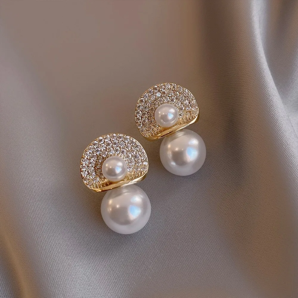 Women's Pearl Stud Earrings, Full Diamond Elegant Drop Earrings, Versatile Fashion Ear Jewelry