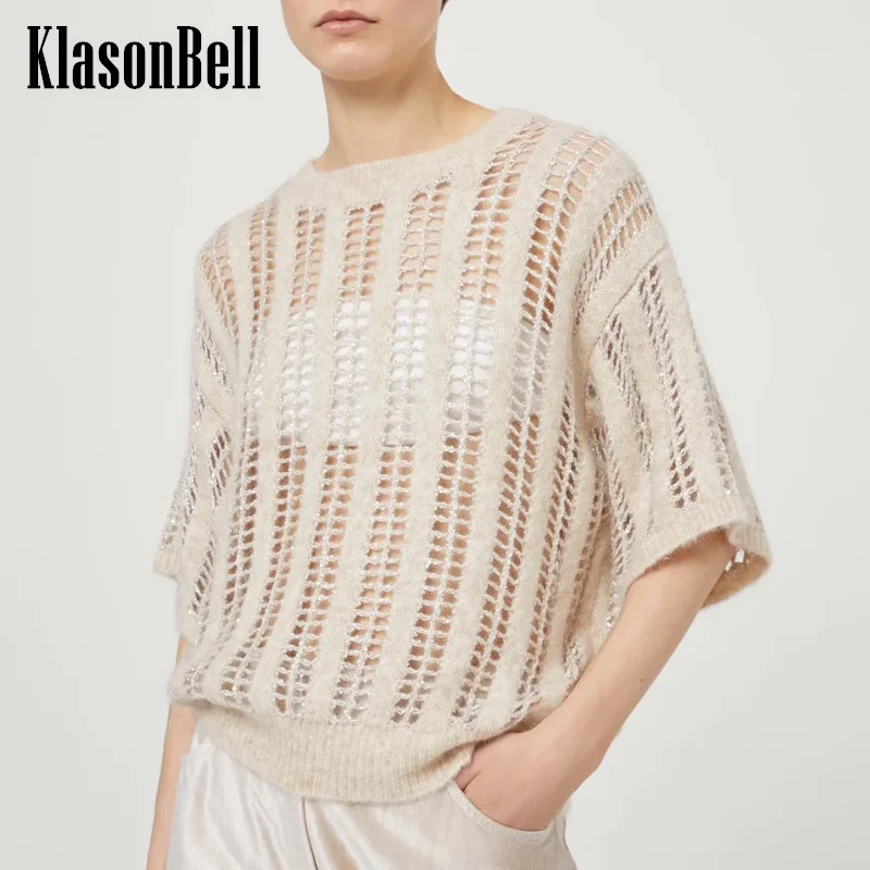 

7.30 KlasonBell Women Fashion Bling Sequins Hollow Out Short Sleeve Knitwear Top Elegant Soft Wool Mohair Knit Sweater