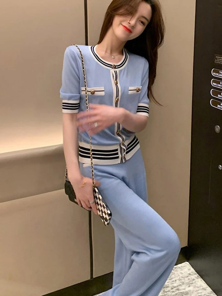 New High Quality Spring Summer Two Piece Set for Women Knit Short Sleeve Cardigan Tops + Wide Leg Pants Sets Women's Tracksuit